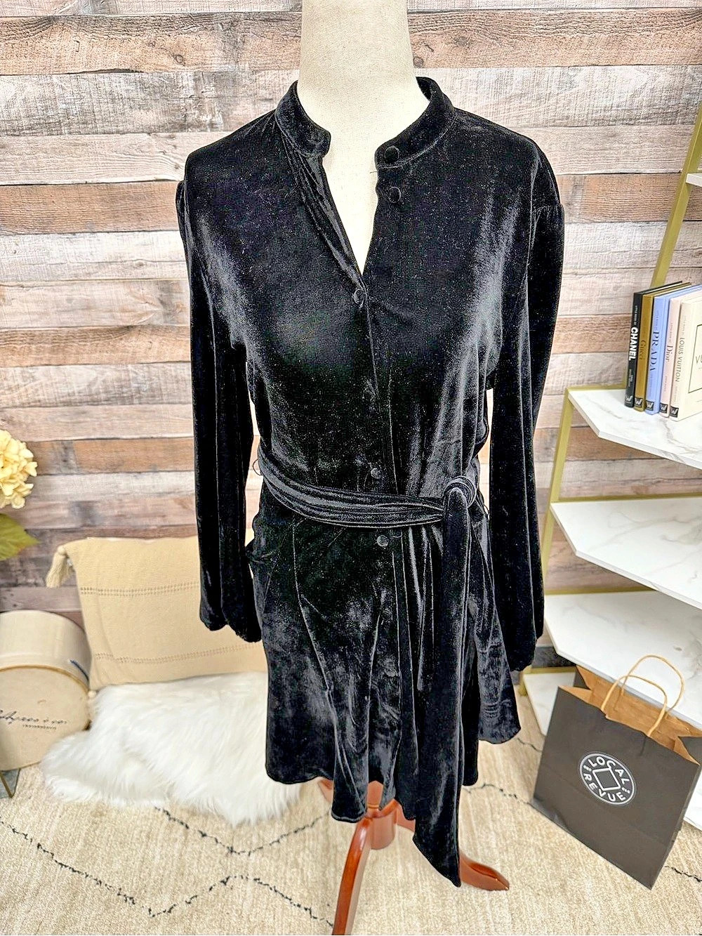 Zara Black Velvet Long Sleeve Mini Dress with Tie